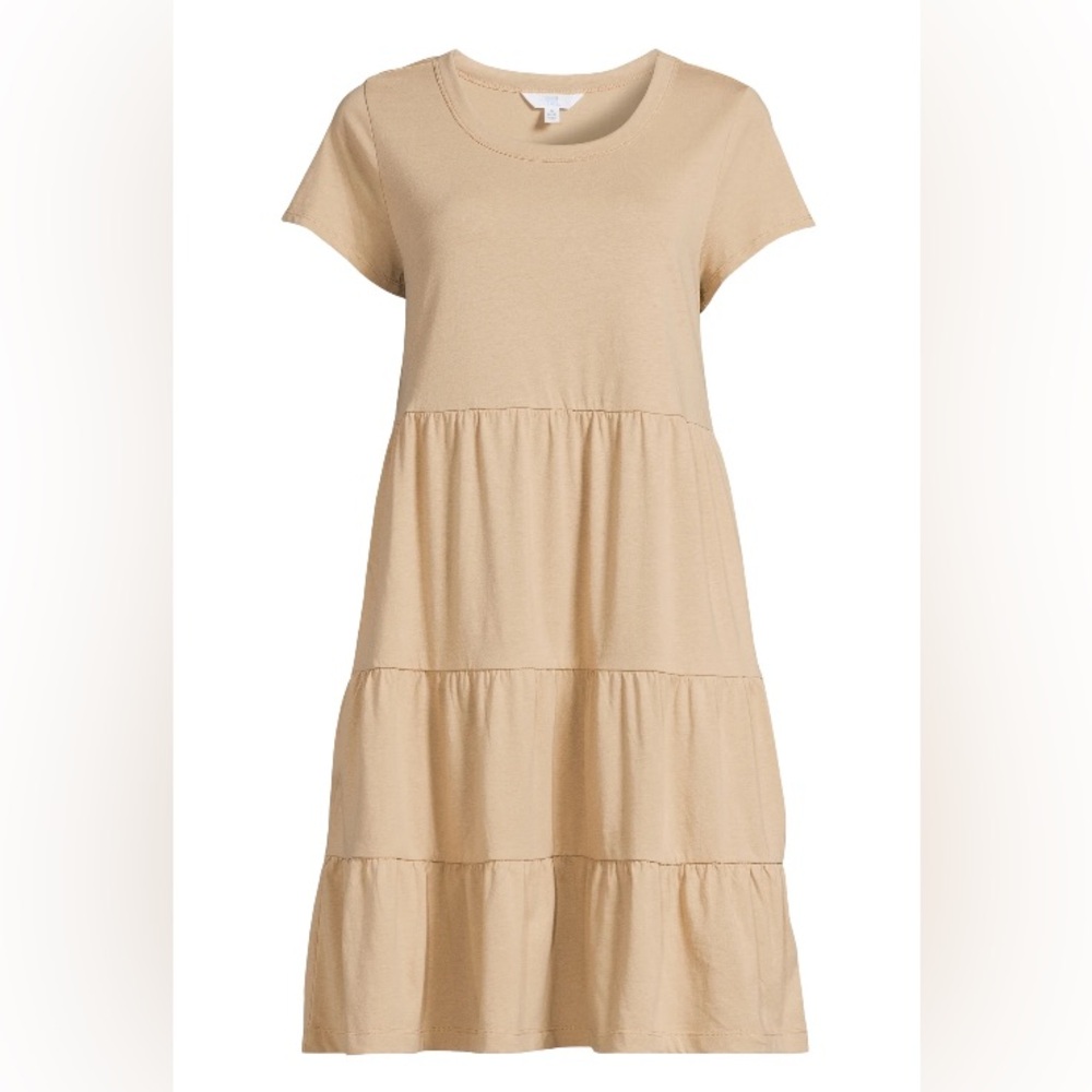 Time and Tru Women's Size Small Tiered Cotton Mini Dress Tan Brown Short Sleeve